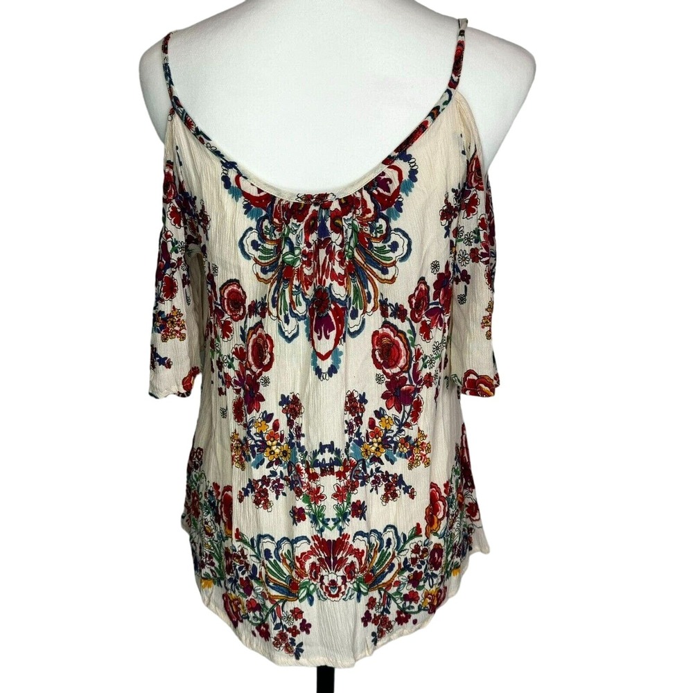 PATRONS OF PEACE Women's Medium Boho Floral Cold Shoulder Tunic Crepe Top Shirt
